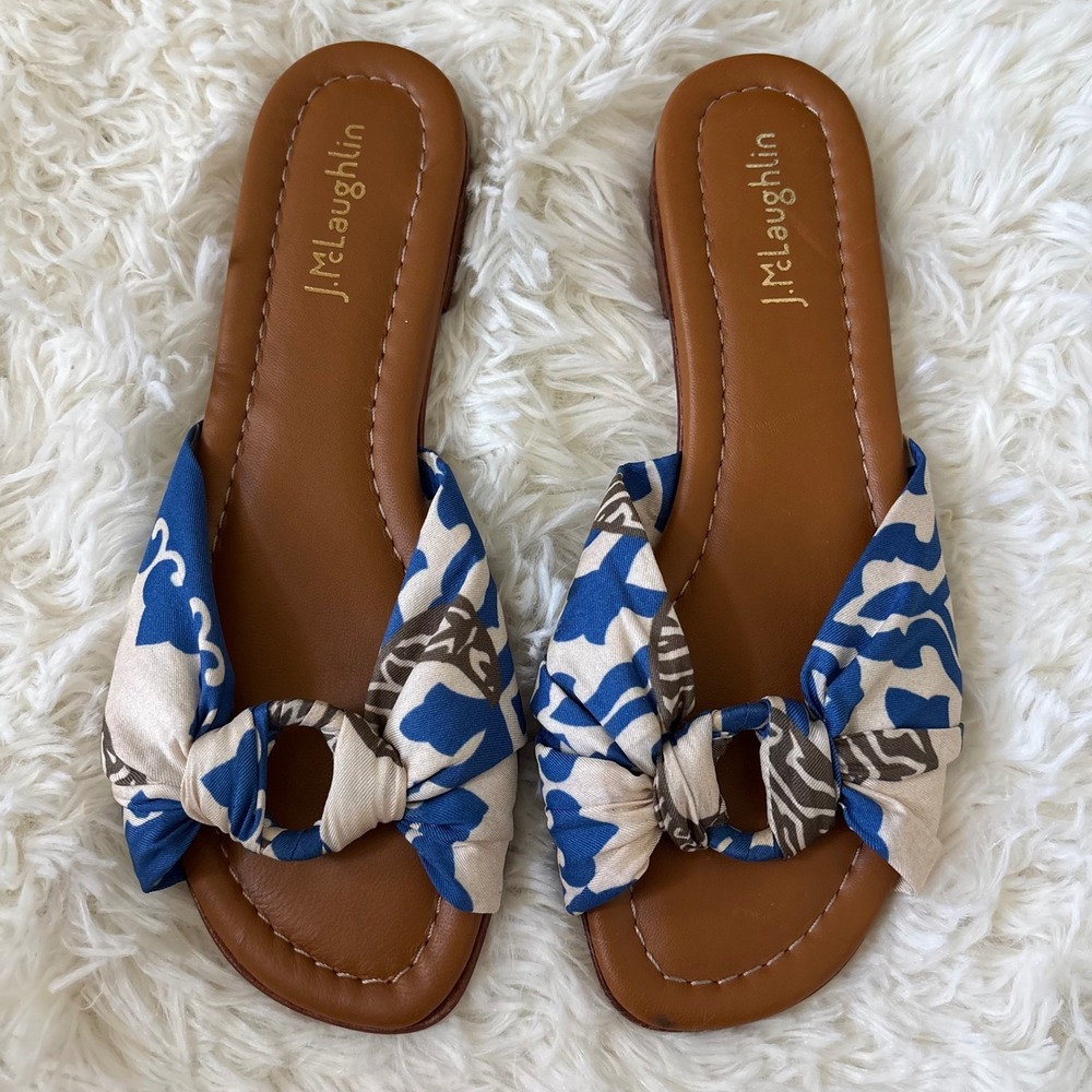 J.McLaughlin Royce Slide Sandals Blue White Animal Print Leather Sole Womens 7